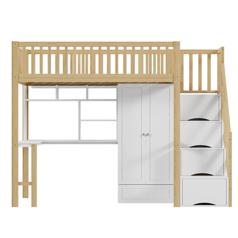 Letto a Soppalco Multifunzione – Xylo – 90x200cm, Legno Bianco, Grande Armadio, Scaffale, Tavolo, Scala, Ripostiglio