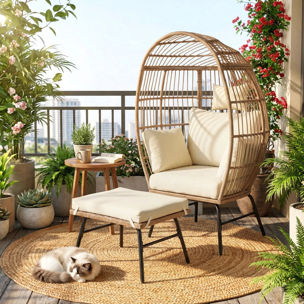 Poltrona uovo rattan pe vimini cuscini comodi poggiapiedi oversize, Poltrona salotto interni esterni balcone bordo piscina veranda