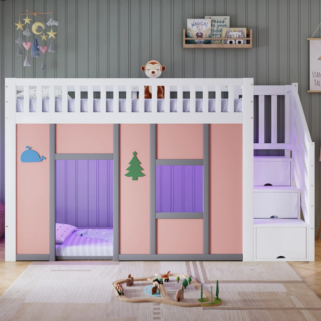 LETTO A SOPPALCO 90x200 cm Bianco e Rosa con scala contenitore
