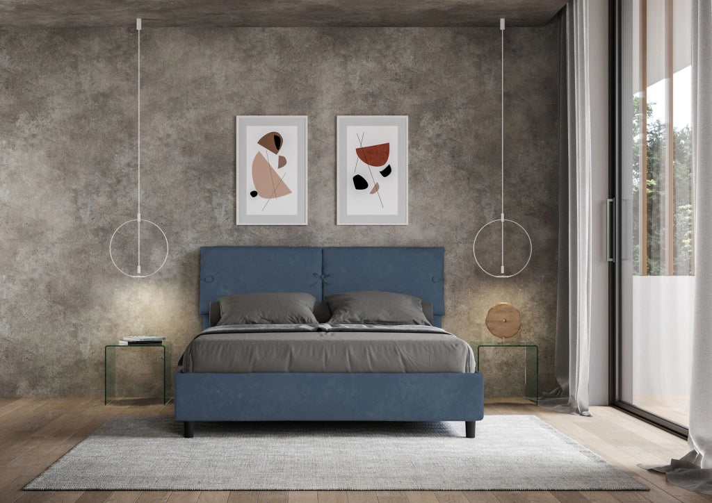BS COM Letto matrimoniale senza rete imbottito 160x200 microfibra blu