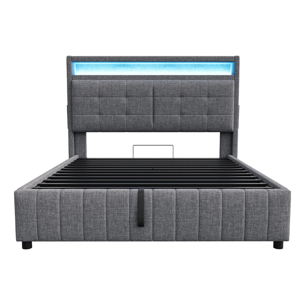 LETTO Imbottito 160x200 cm Grigio in lino con LED, USB e contenitore