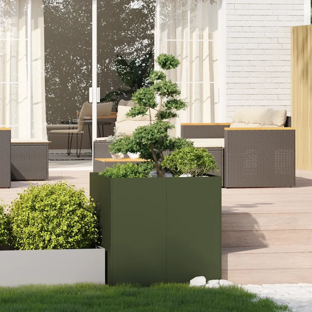 Fioriera-Vaso-Contenitore per Piante Verde Oliva 80x80x80 cm in Acciaio