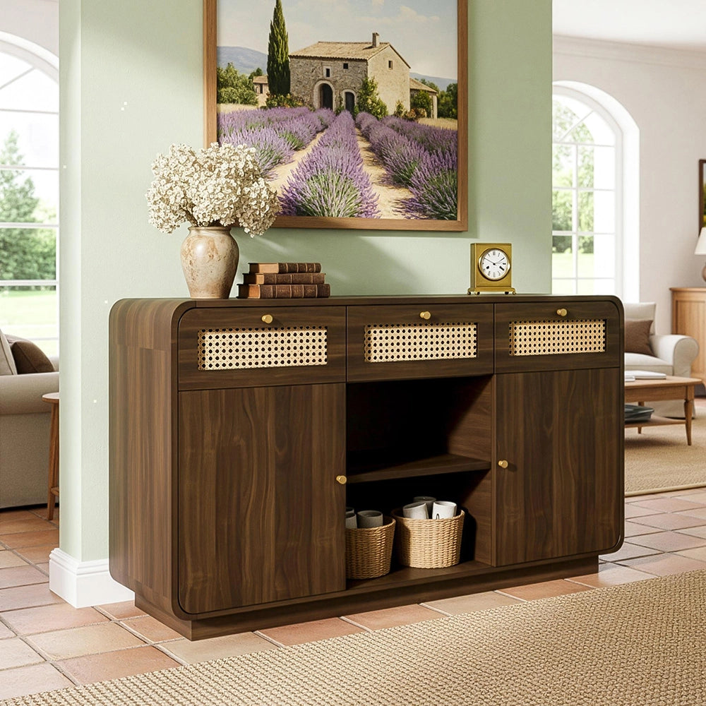 Credenza Sideboard 120cm - Xylo - Noce con 3 Cassetti e Maniglie in Vimini/Oro