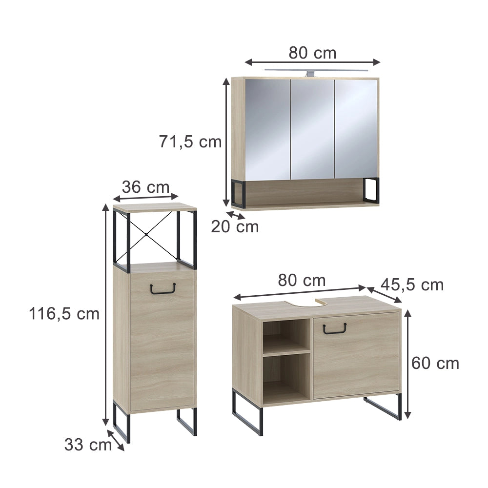 Vicco Set di mobili da bagno Rovere 3 parti