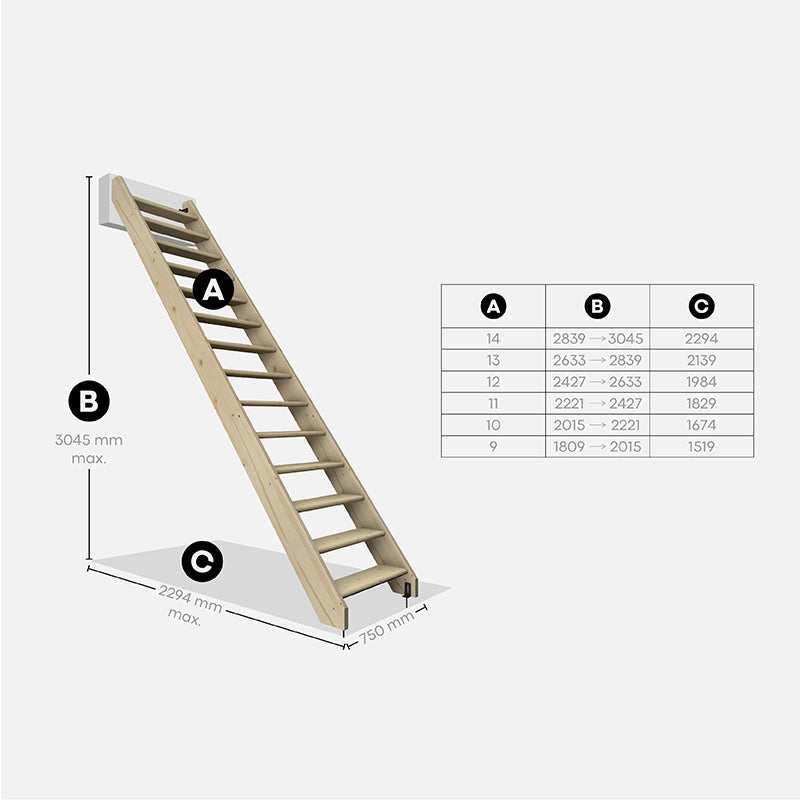 NORMANDIE - Scala dritta in legno con 2 binari