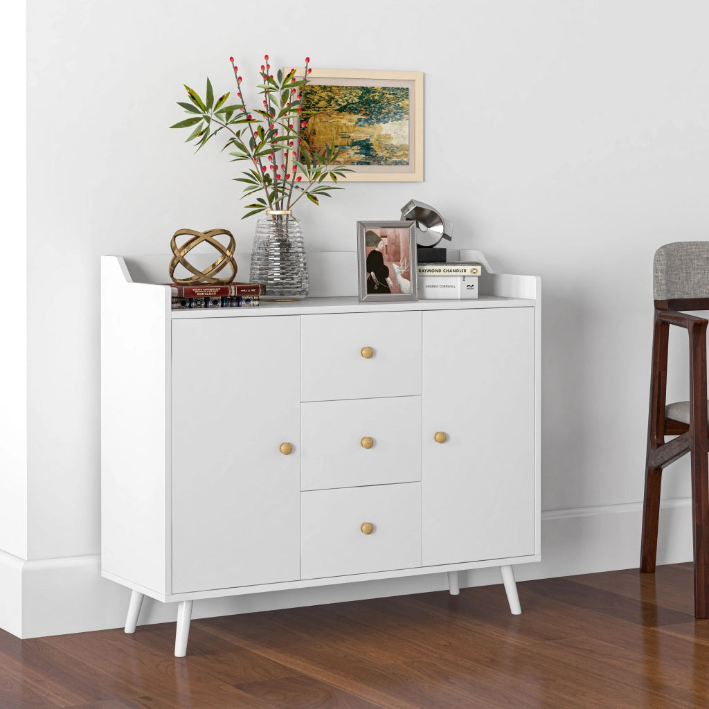 Credenza Moderna con 2 Ante e 3 Cassetti ¨C Minimal ¨C Bianco Legno Pino 90x32x80
