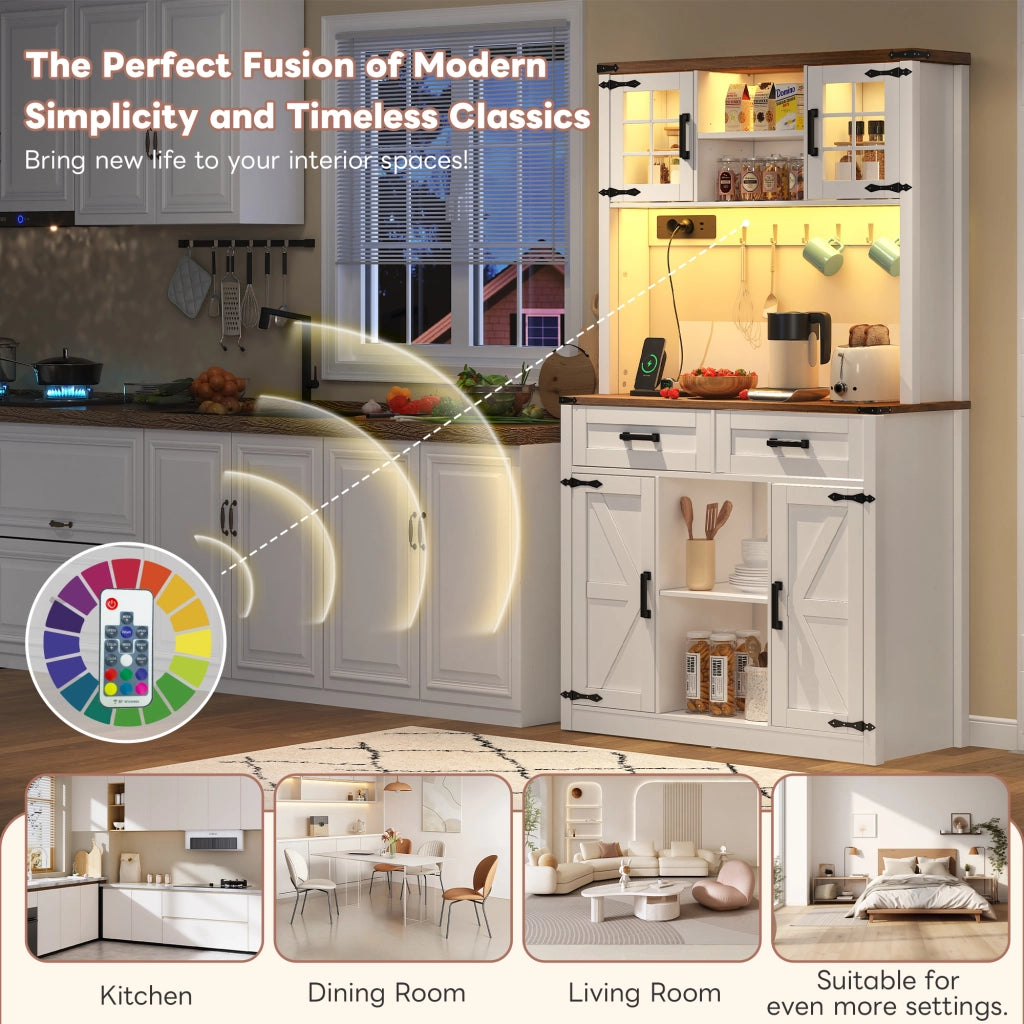 Mobile Bar con LED e Prese, Buffet Cucina con Cassetti e Ripiani ¨C MINIMAL ¨C Bianco