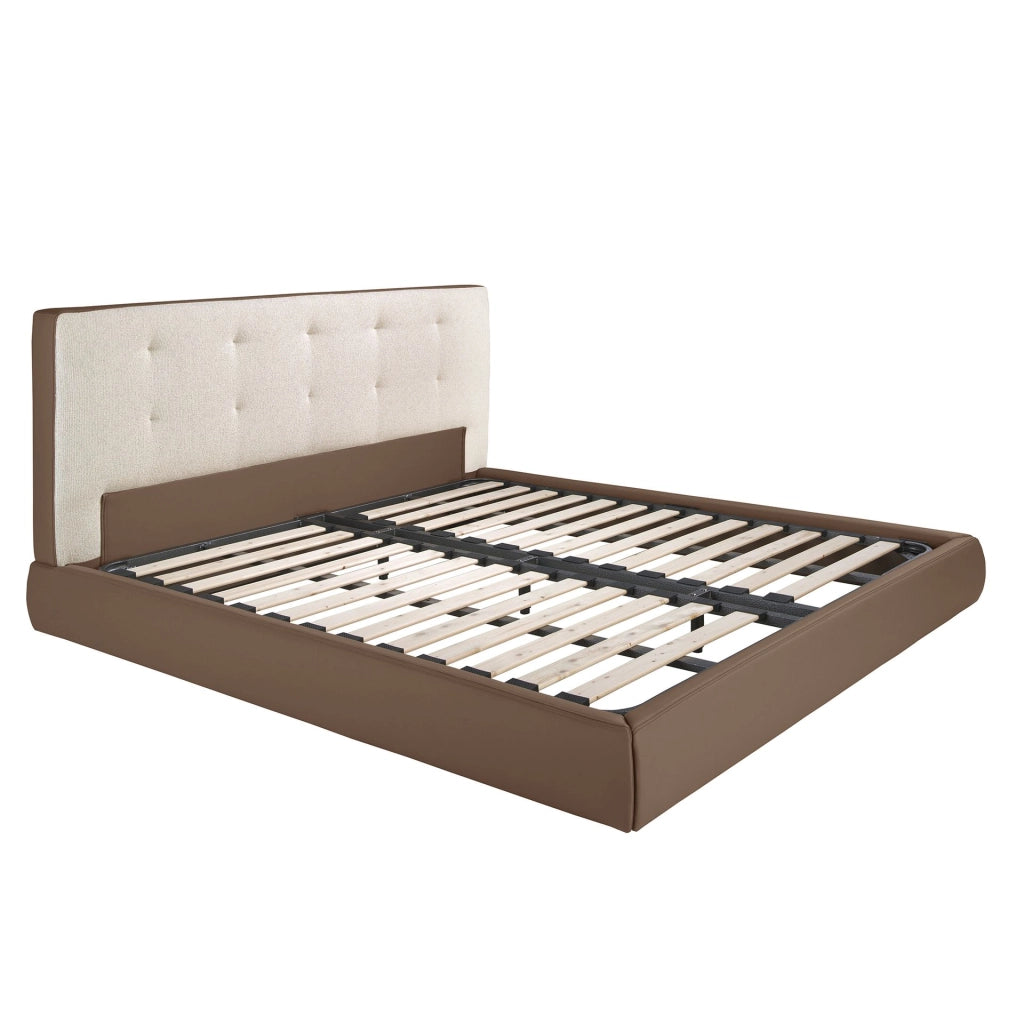 Letto imbottito in tessuto marrone ed similpelle marrone