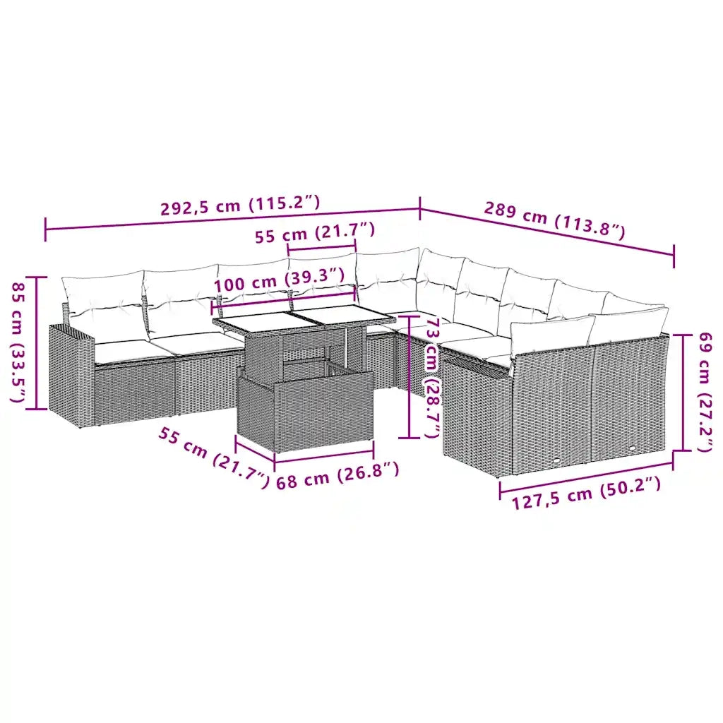 Set Divani da Giardino 11 pz con Cuscini Grigio in Polyrattan 3267541