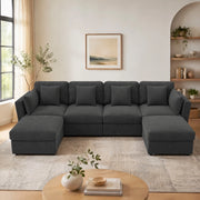 Divano modulare angolare U in corduroy grigio, 4-6 posti, con pouf spostabili e braccioli regolabili