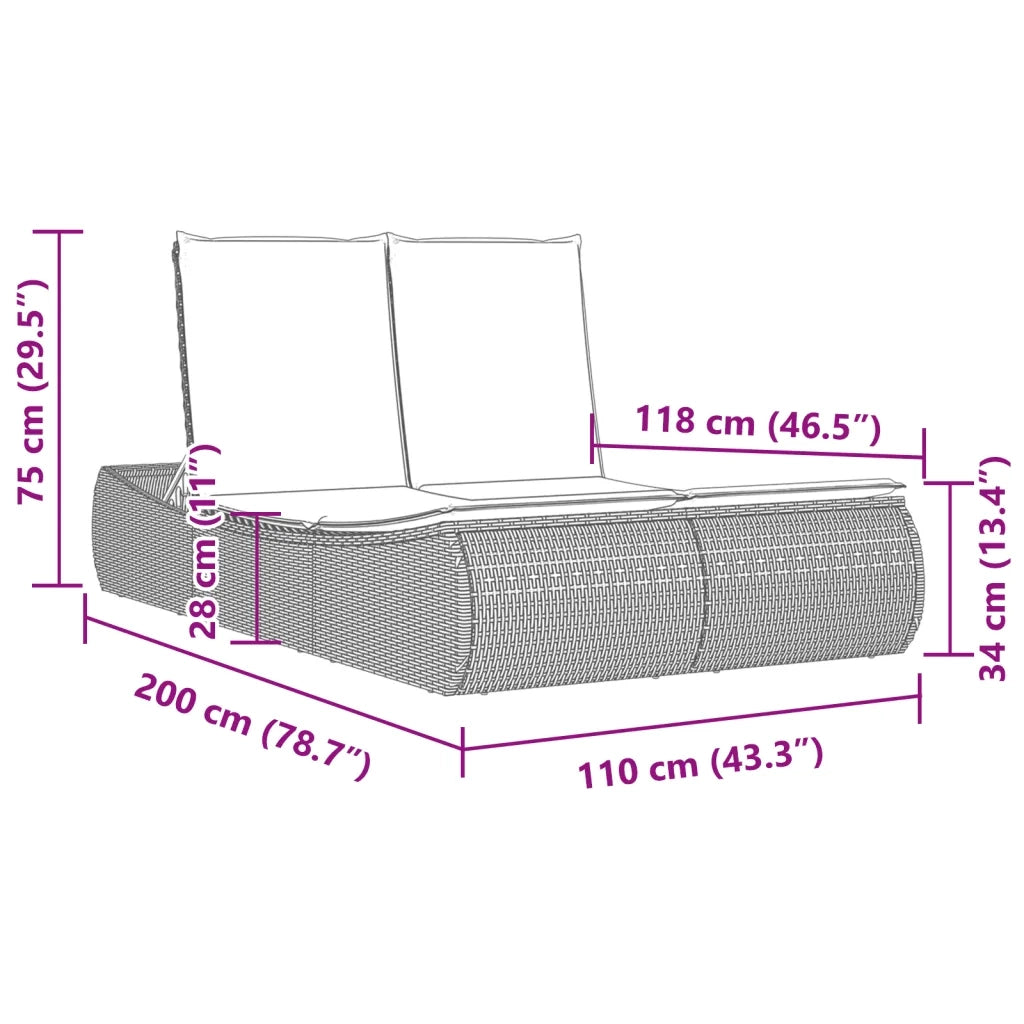 Lettino Prendisole Doppio con Cuscini Nero in Polyrattan 368090