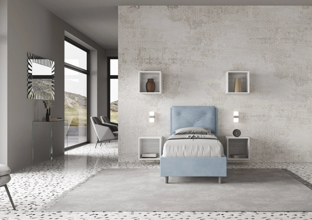 BS COM Letto singolo senza rete imbottito 90x200 microfibra azzurro