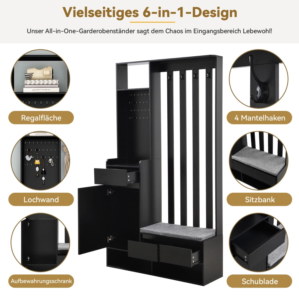 ARMADIO DA INGRESSO con panca, H180xL100xP35 cm, nero, MDF