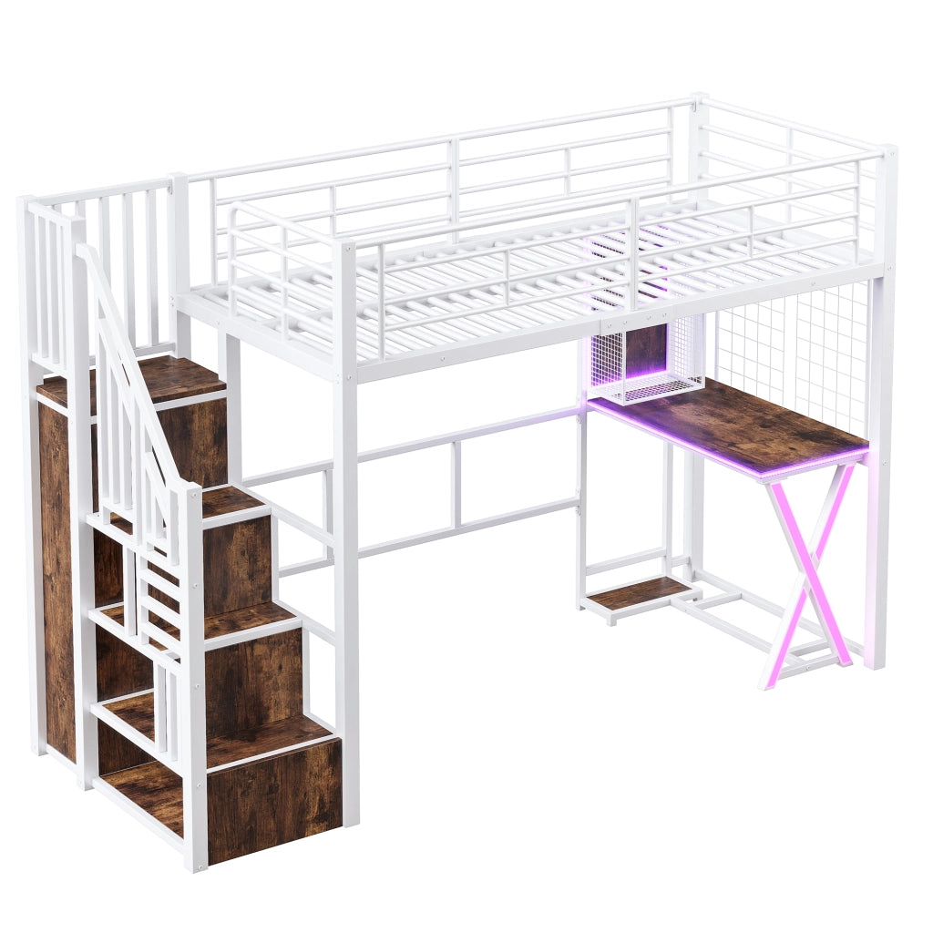 Letto a soppalco con scrivania e armadio - Zephmum- 90x200cm, LED, bianco