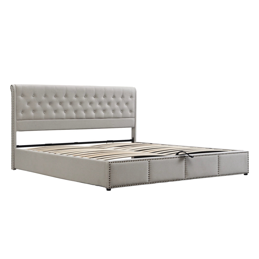 DESMIU Letto Contenitore 180 × 200 cm 2 posti con vano contenitore, senza materasso, in lino, grigio