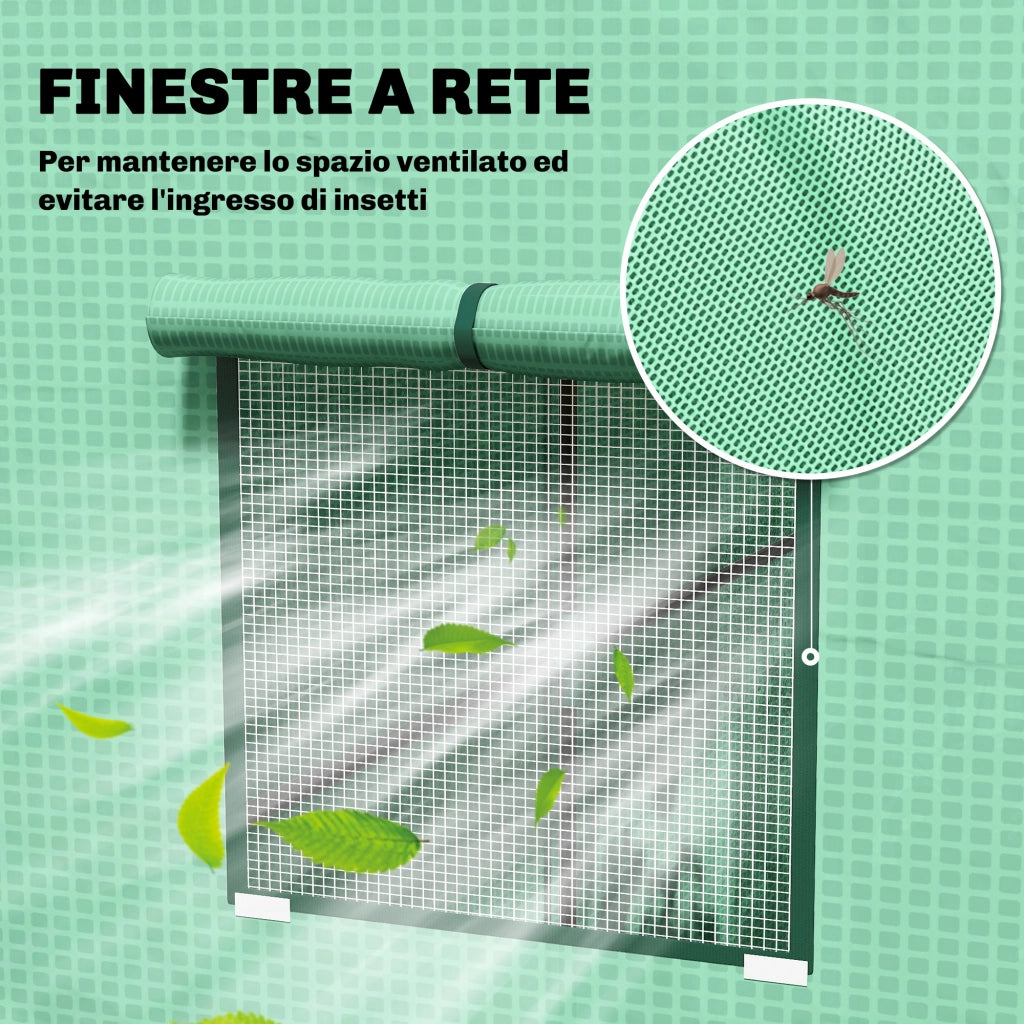 Serra da Giardino con 2 Finestre a Rete e Ingresso Avvolgibile ¨C Xylo ¨C PE e Acciaio 196x77x197 cm Verde