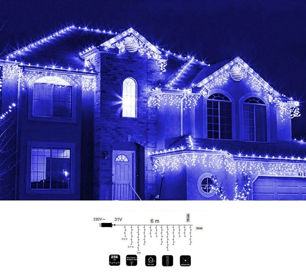 Tenda Luminosa 6 mt. Per esterno con 256 led a luce Blu fissa e Bianca Fredda Flash
