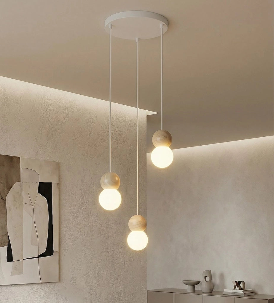 Lampada sospesa LOOP 3xG9 bianco beige legno vetro Emibig