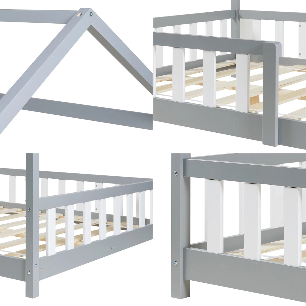 Letto Piazza e Mezza Hesel per Cameretta a Forma di Casetta 120 x 200 cm Grigio [en.casa]