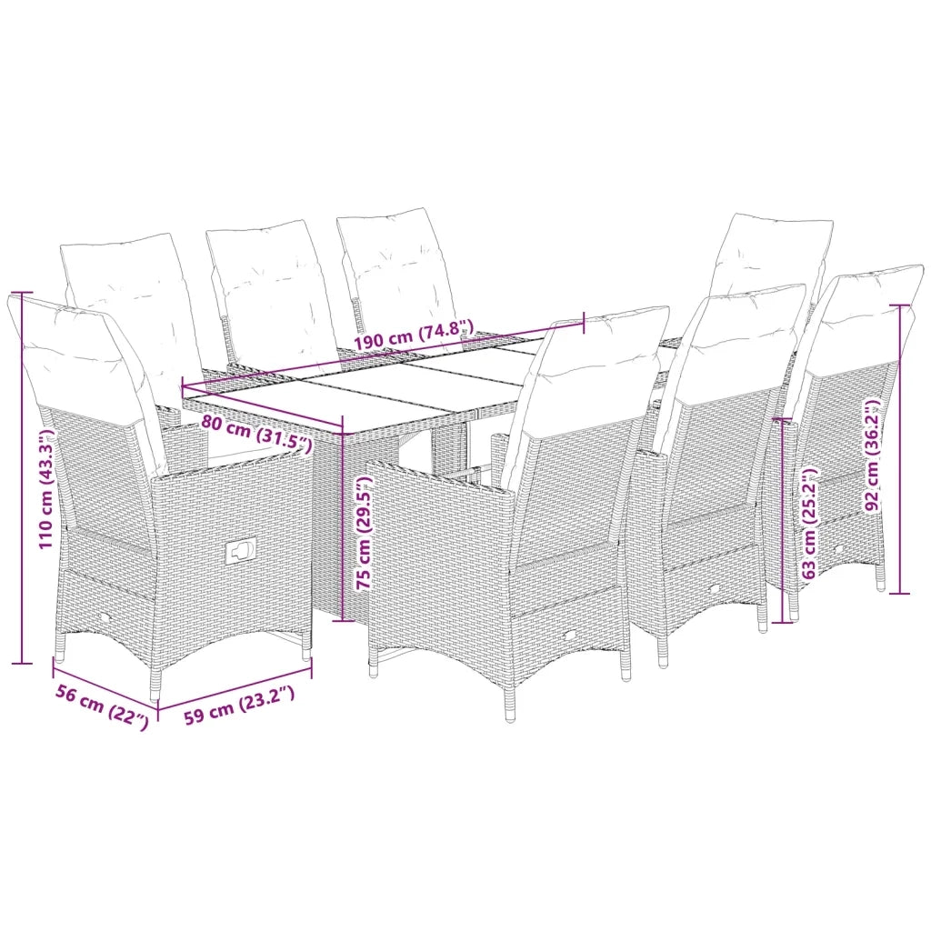 Set Bistrò da Giardino 9 pz con Cuscini in Polyrattan Marrone 3276922