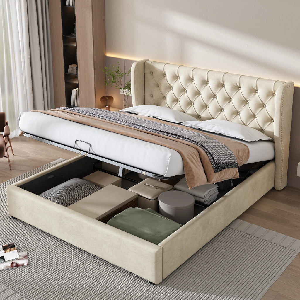 OKWISH Letto Contenitore 140×190 cm, Letto Matrimoniale con Testiera Imbottita, Vano Contenitore e Borchie, senza Materasso, Velluto, Beige