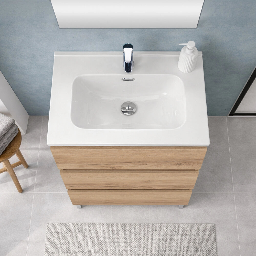 Mobile bagno a terra 60 cm in quercia naturale con lavabo e specchio Leda