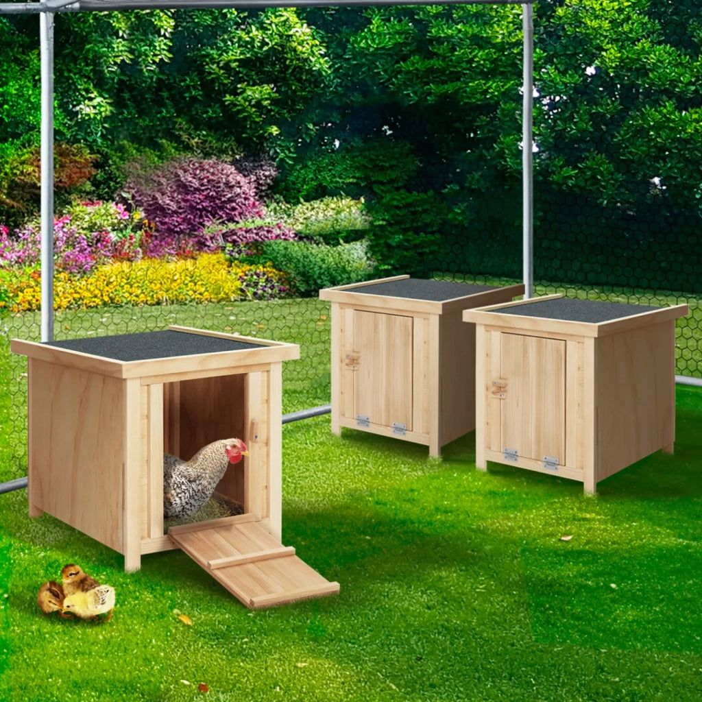 IDMarket - Set di 3 casette in legno per galline con base di appoggio