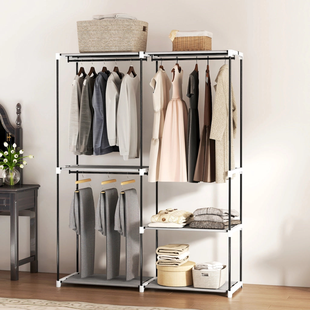 Armadio guardaroba aperto ¨C Xylo ¨C 4 ripiani in tessuto, 3 barre appendiabiti, struttura in metallo, grigio chiaro, 142x43x185 cm