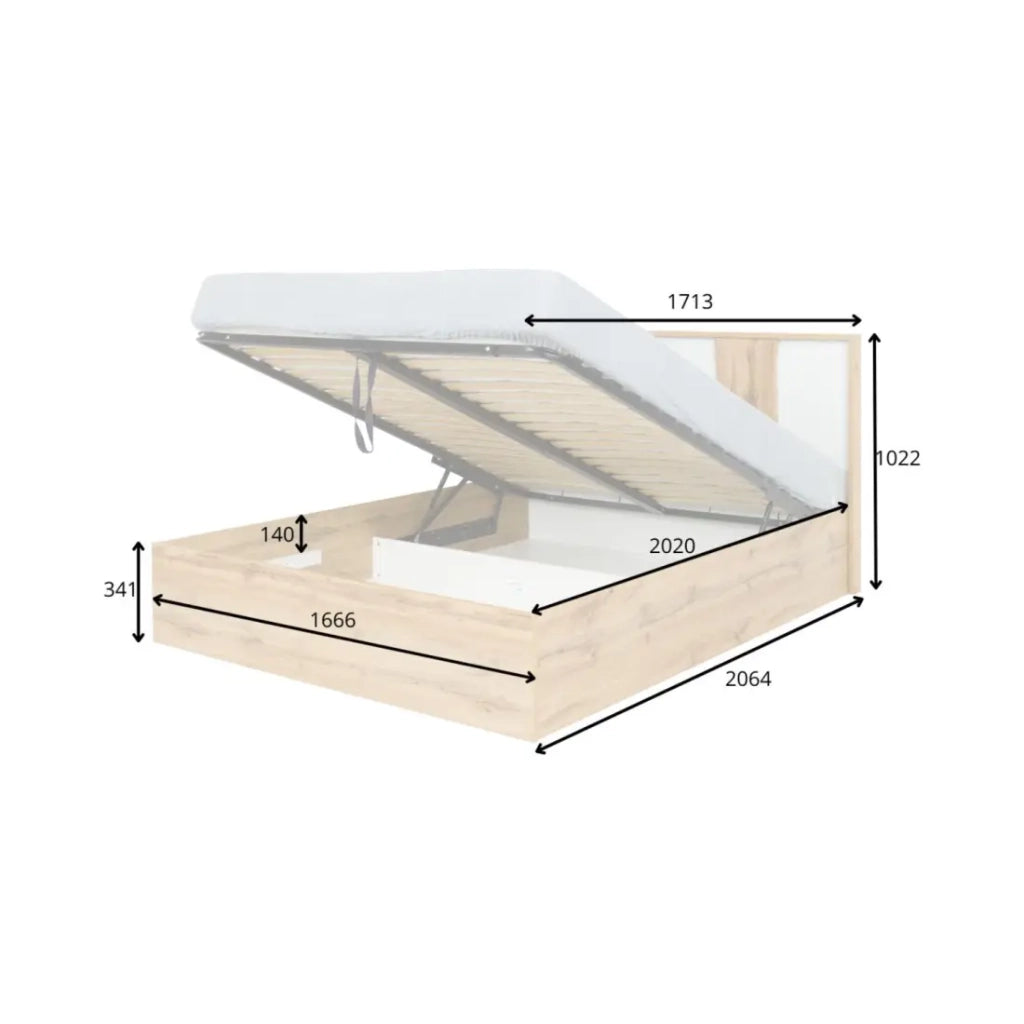 Camera WOOD colori rovere e bianco con letto contenitore LED, cassettiera, comodini e armadio