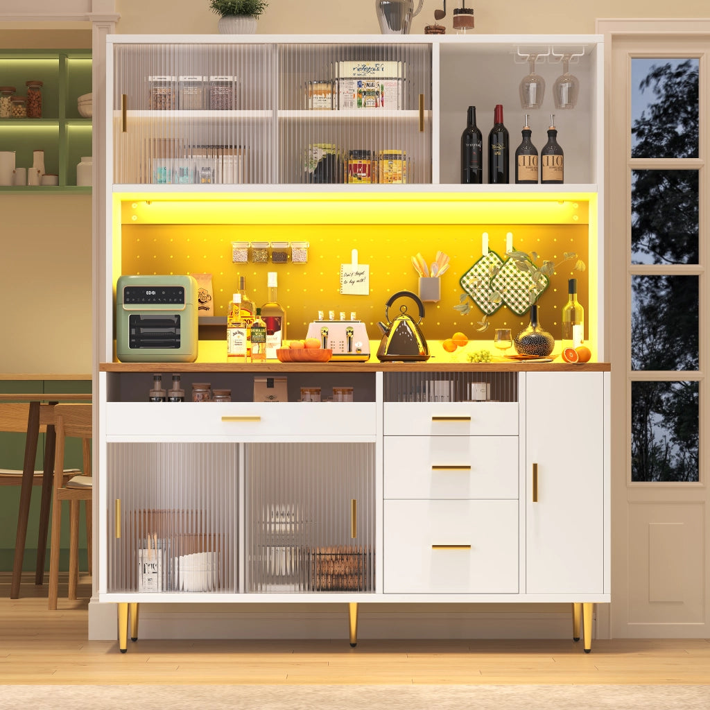 OKWISH Credenza Alta da Cucina con Porta Scorrevole in Vetro, Ripiani Regolabili e LED, MDF, Bianco, 145×39×171 cm