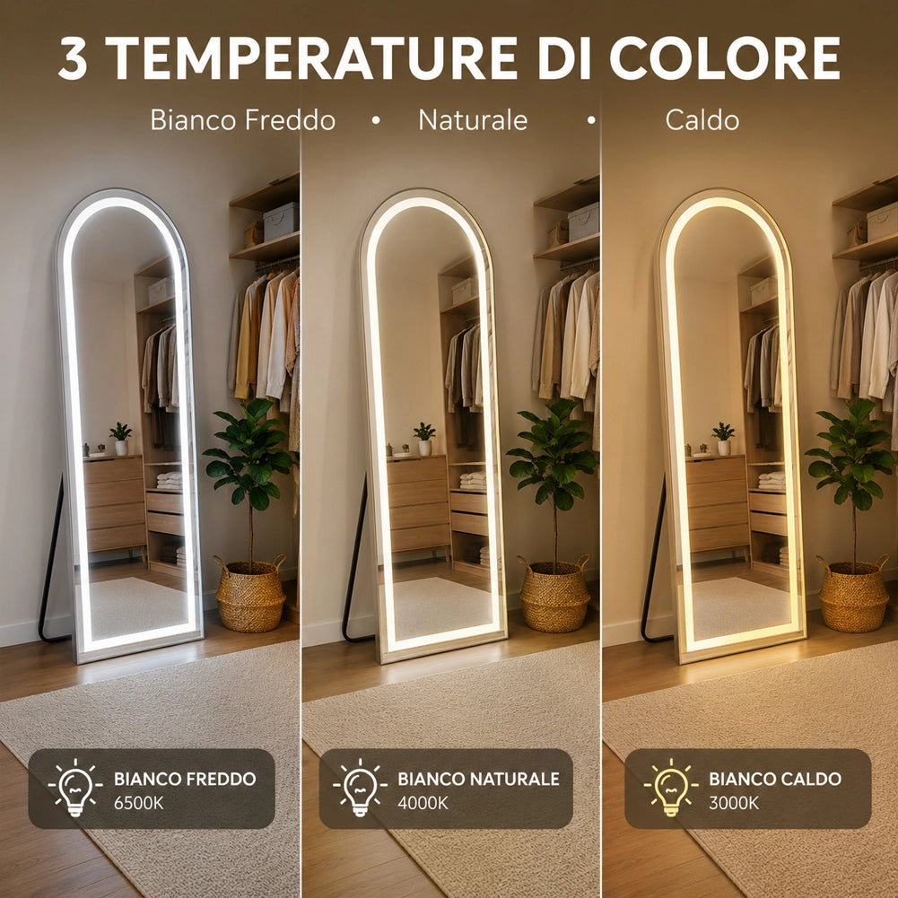 Specchio ad Arco Figura Intera Alluminio e Led a 3 Colori Dimmerabile 160x50cm