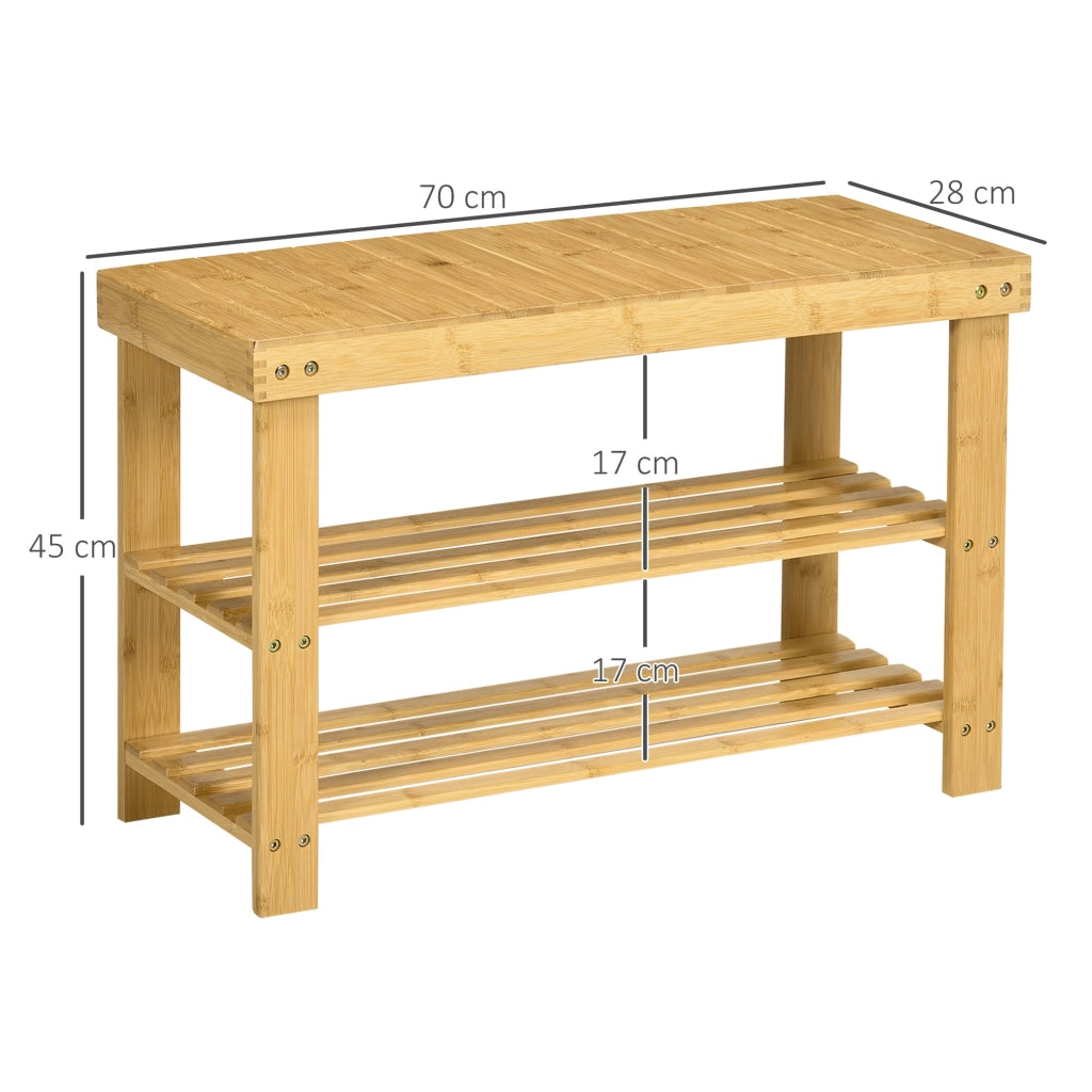 Panca Scarpiera 70x28x45 cm con 2 Ripiani a Doghe e Seduta in Bambù