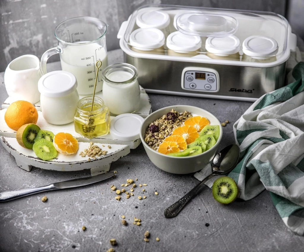 Steba JM 3 Yogurtiera 8 vasetti in vetro da 180 ml 1,4 L Timer 1-48 ore 25 W colore Acciaio inox-Bianco