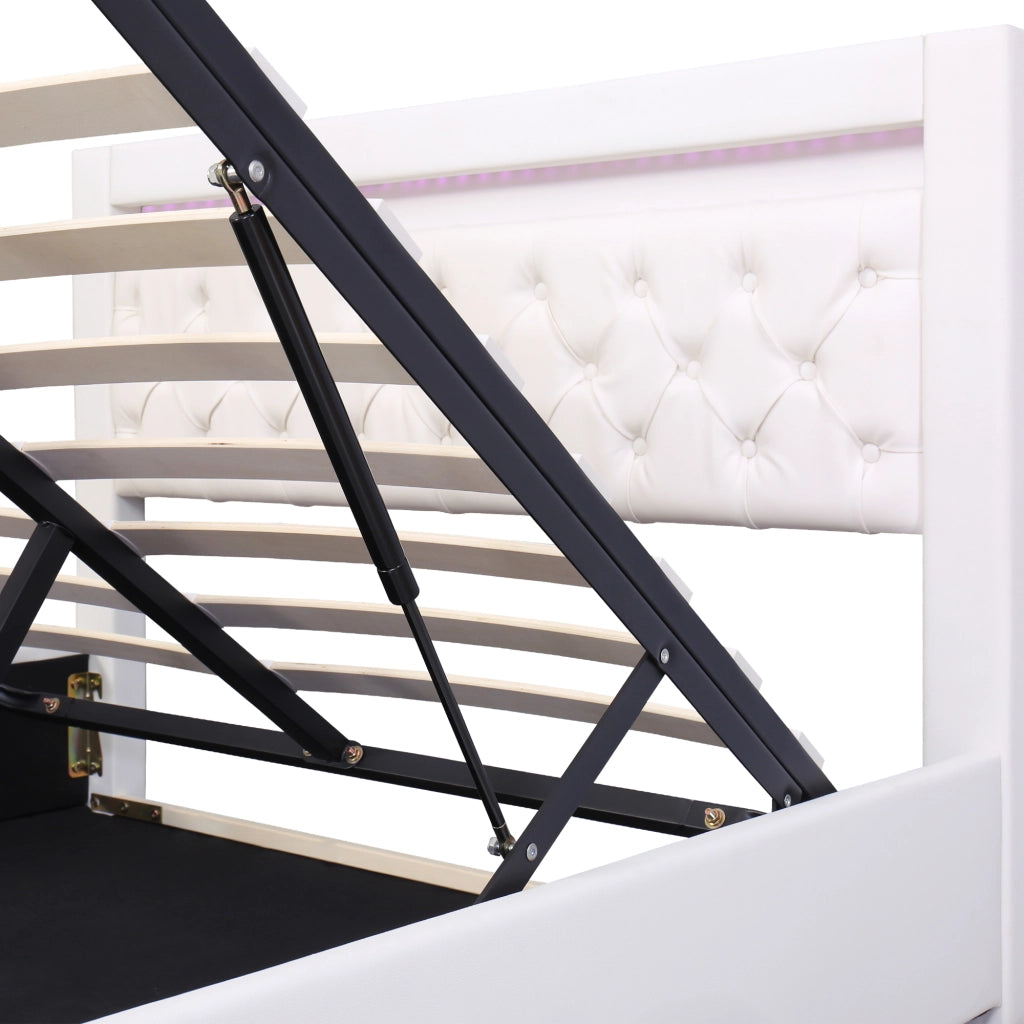 Letto imbottito 160 x 200 cm con rete a doghe, contenitore e LED, bianco, PU
