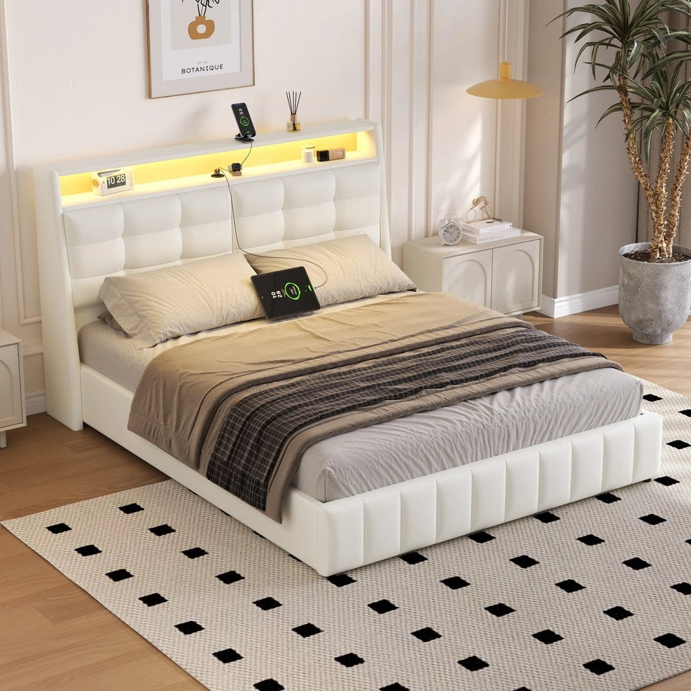 Letto Contenitore Imbottito con LED e USB ¨C MINIMAL ¨C Bianco 160x200