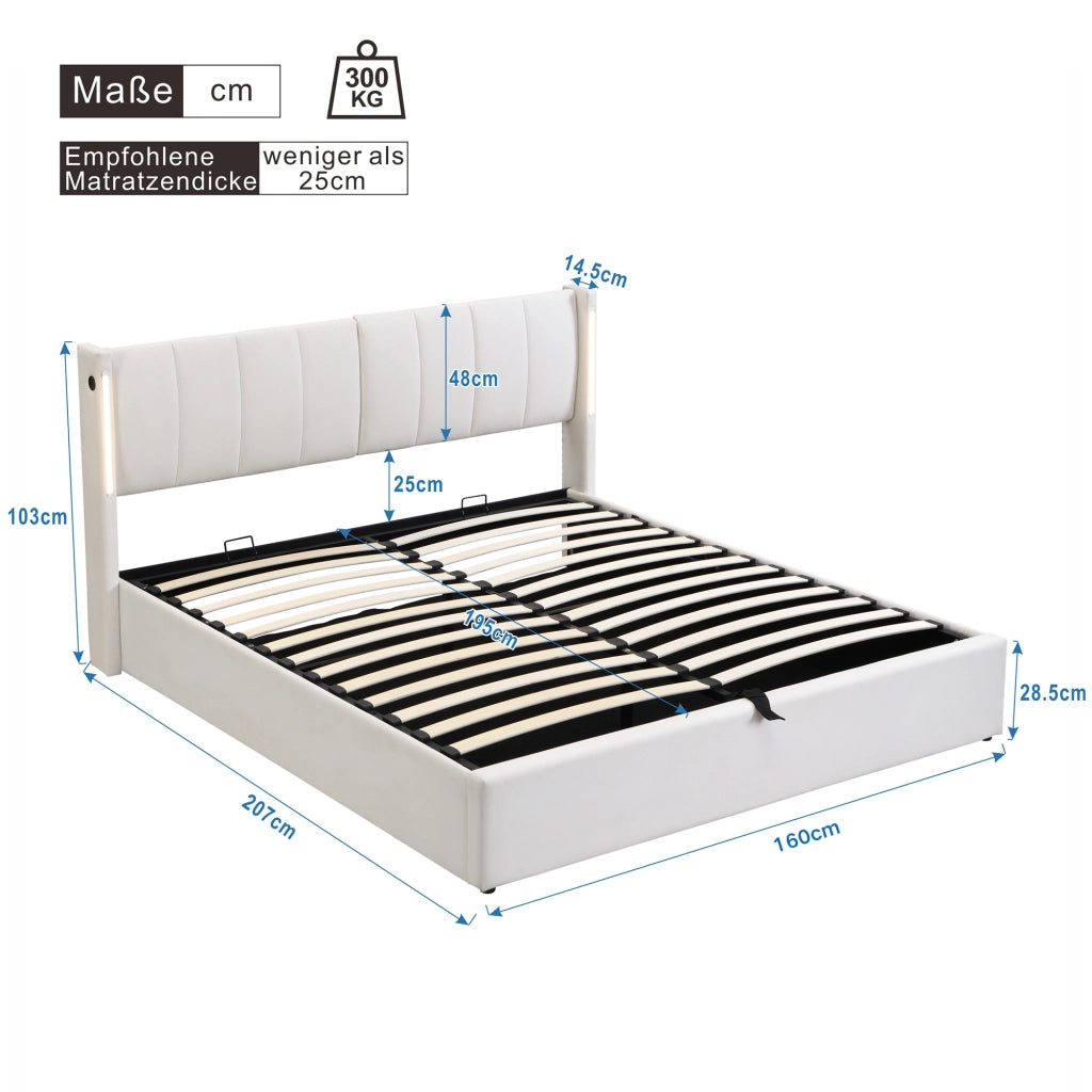 LETTO imbottito 160x200 cm in PU bianco con LED, USB e contenitore