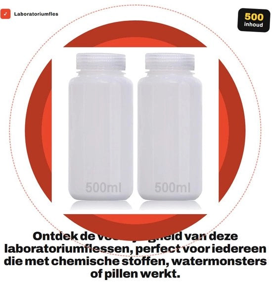 Fiala di laboratorio 500 ml - Lekvrij - Transparente HDPE - Collo largo - Resistente ai reagenti chimici - Adatta per reagenti - Fiala