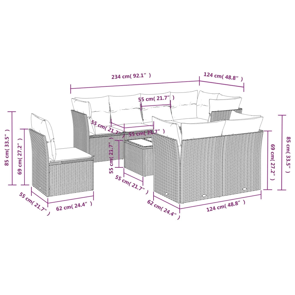 Set Divano da Giardino 9 pz con Cuscini Grigio in Polyrattan