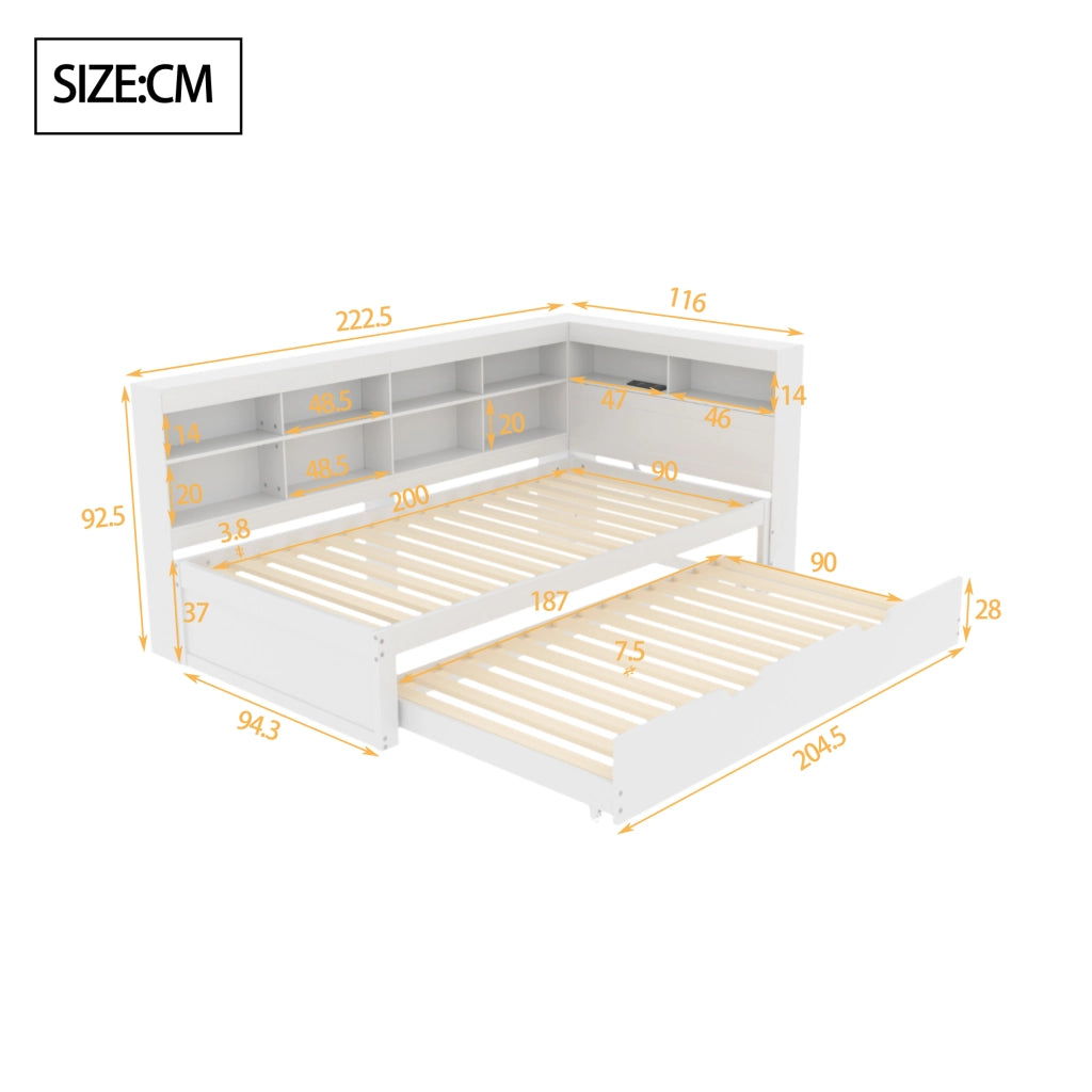 Letto con letto estraibile 90 × 200 cm con letto aggiuntivo 90 × 190 cm USB contenitori in legno bianco