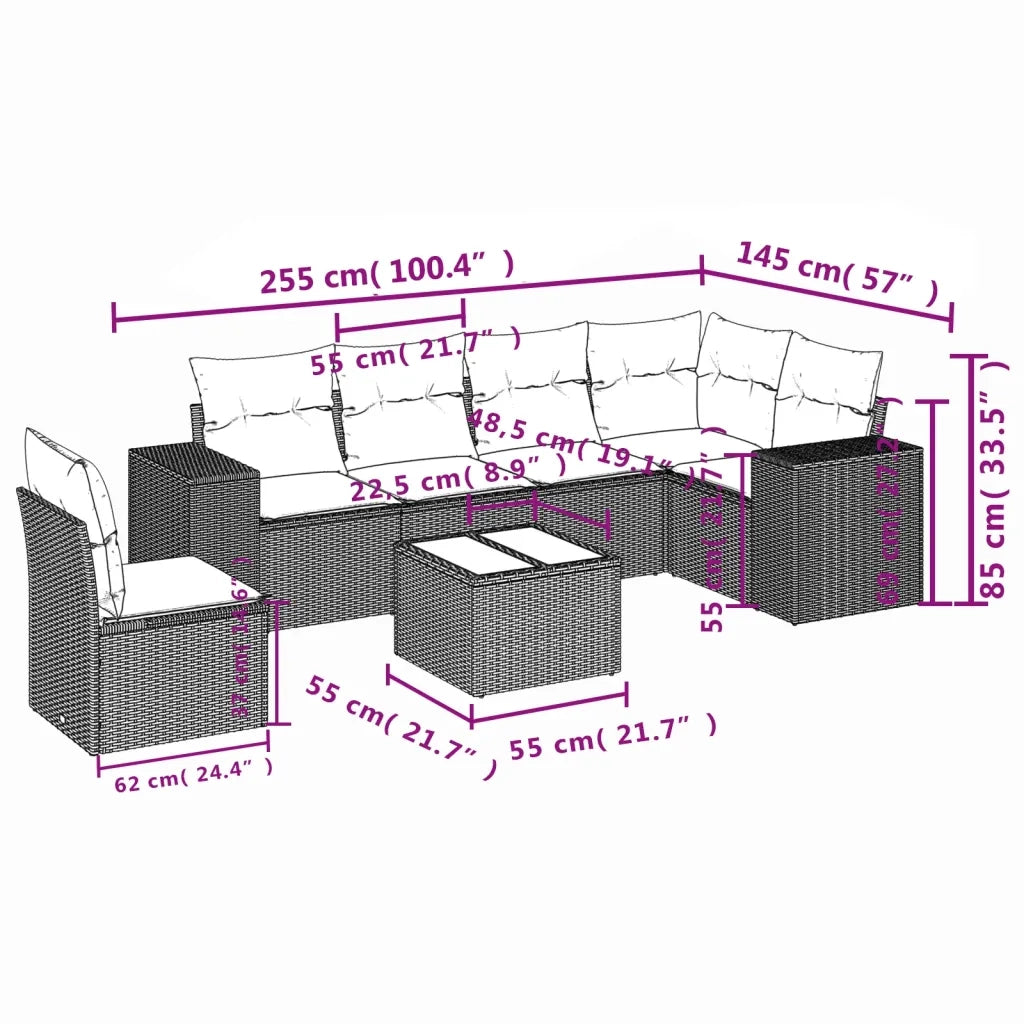 Set Divani da Giardino 7 pz con Cuscini Beige in Polyrattan 3222638