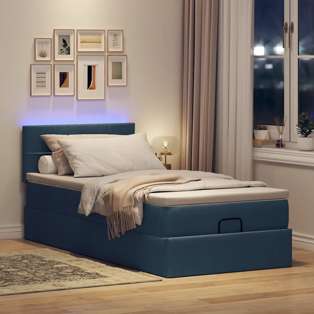 Pouf Letto con Materasso e LED Blu 100x200 cm in Tessuto