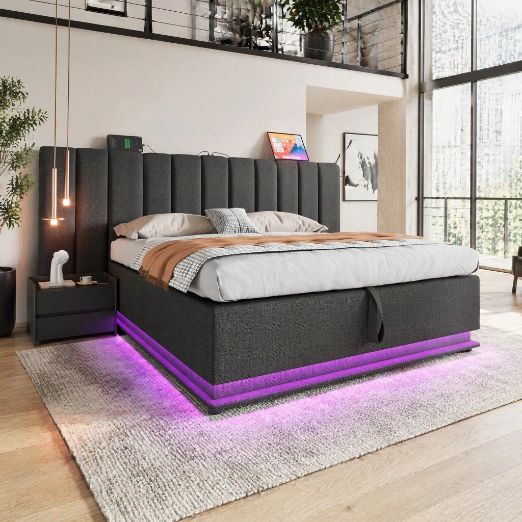 LETTO Contenitore 180x200 cm Grigio in lino con LED e ricarica USB-C