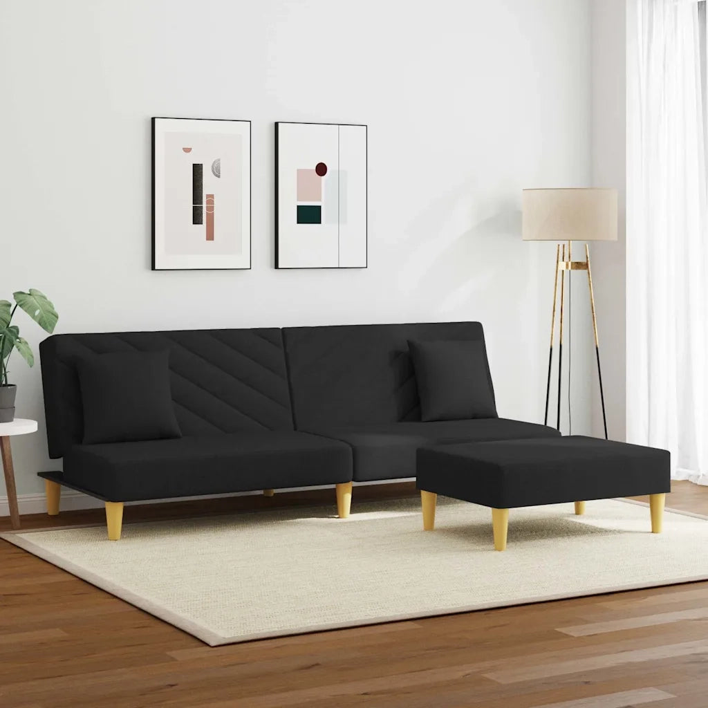 Divano Letto 2 Posti con Cuscini e Poggiapiedi-Sofa Letto 2 Posti-Daybed Nero in Tessuto