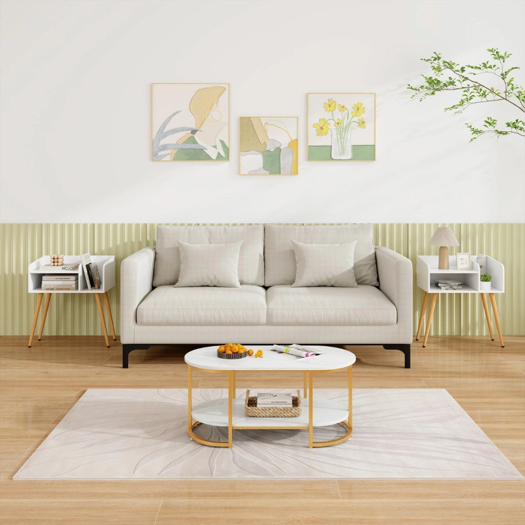 Comodino in stile moderno semplice ma pratico-Tavolino a 2 piani con mensole aperte Bianco + Naturale