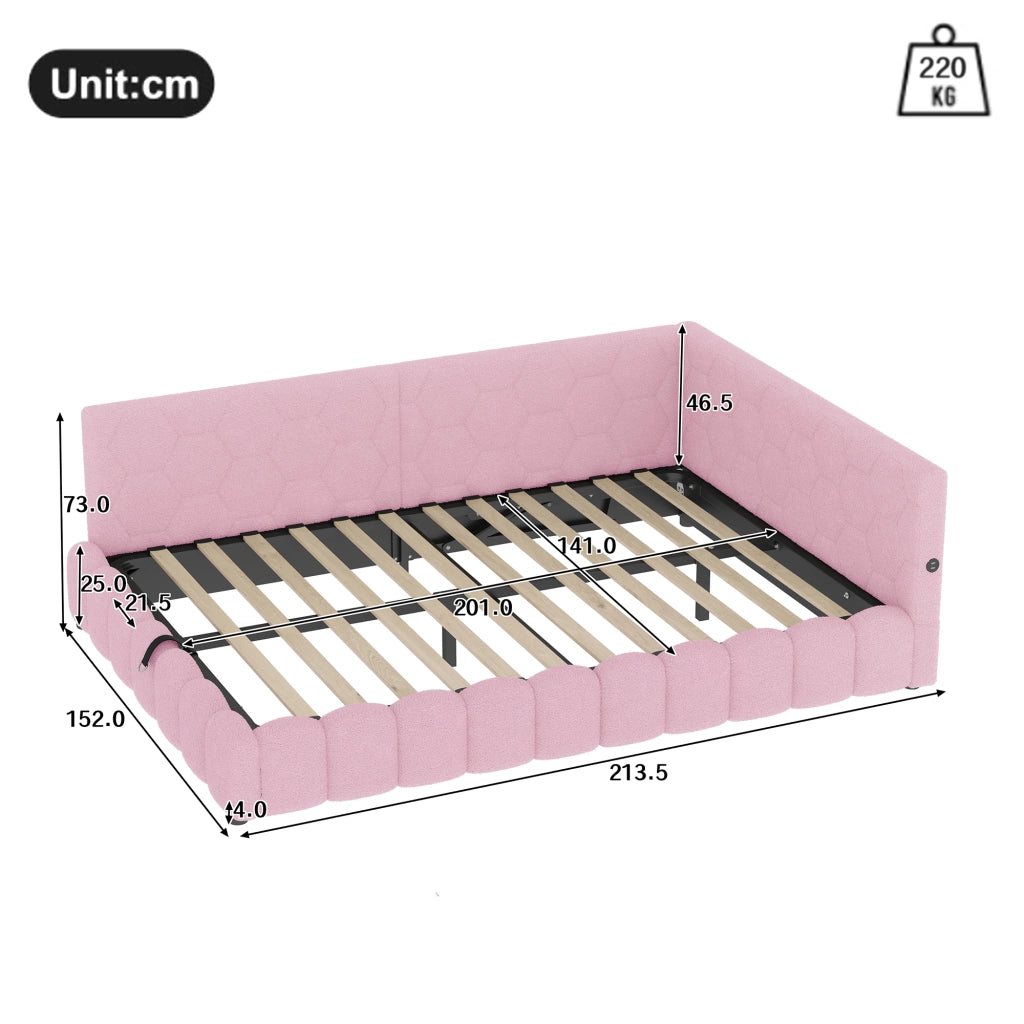 Daybed 140x200 cm con rete a doghe, contenitore idraulico, LED, USB e Type-C, rosa