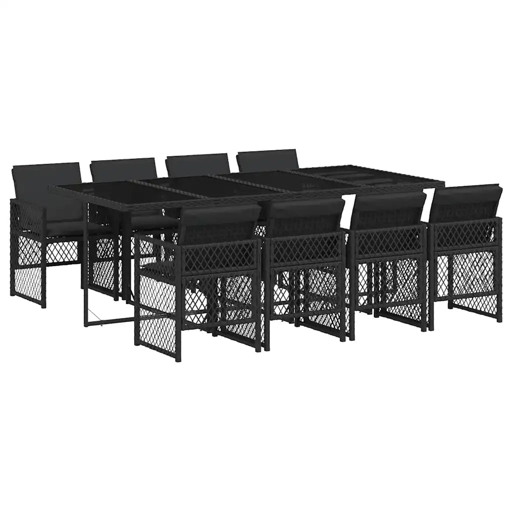 Set da Pranzo da Giardino 9 pz con Cuscini Nero in Polyrattan