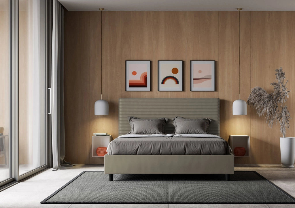 BS COM Letto matrimoniale francese con rete imbottito 140x190 similpelle cappuccino
