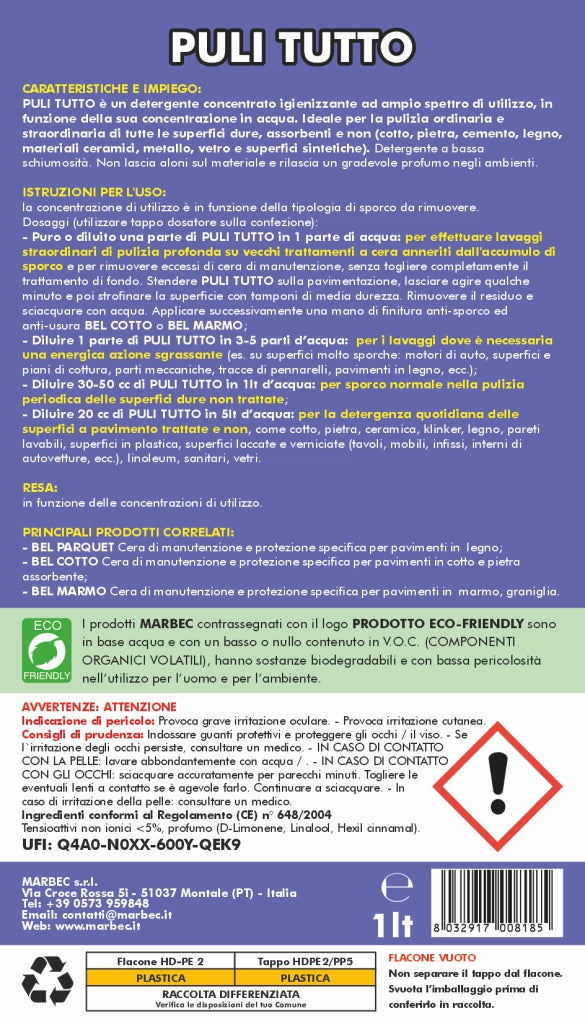 Detergente universale per superfici dure, come cotto, pietra, cemento, metalli, legno. Efficace anche a basse concentrazioni.  1LTx6Pz