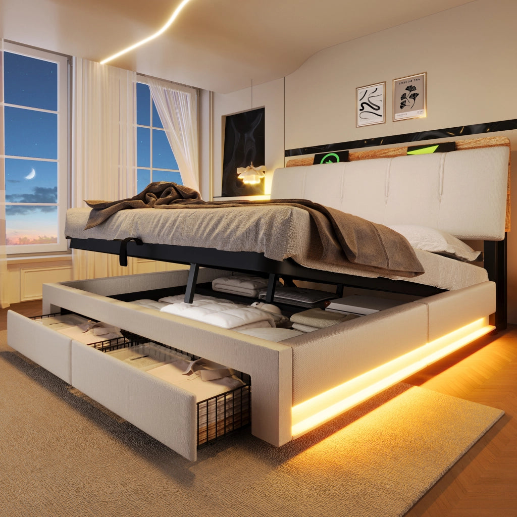 LETTO Contenitore 140x200 cm in lino beige con USB, Type-C e LED