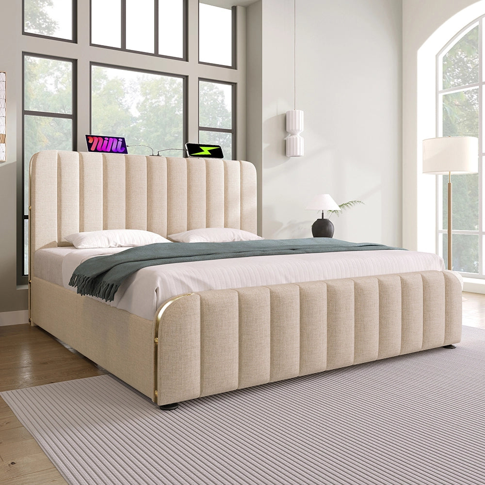 Letto imbottito con testiera - Xylo - 160x200 cm - Beige - USB, Type-C